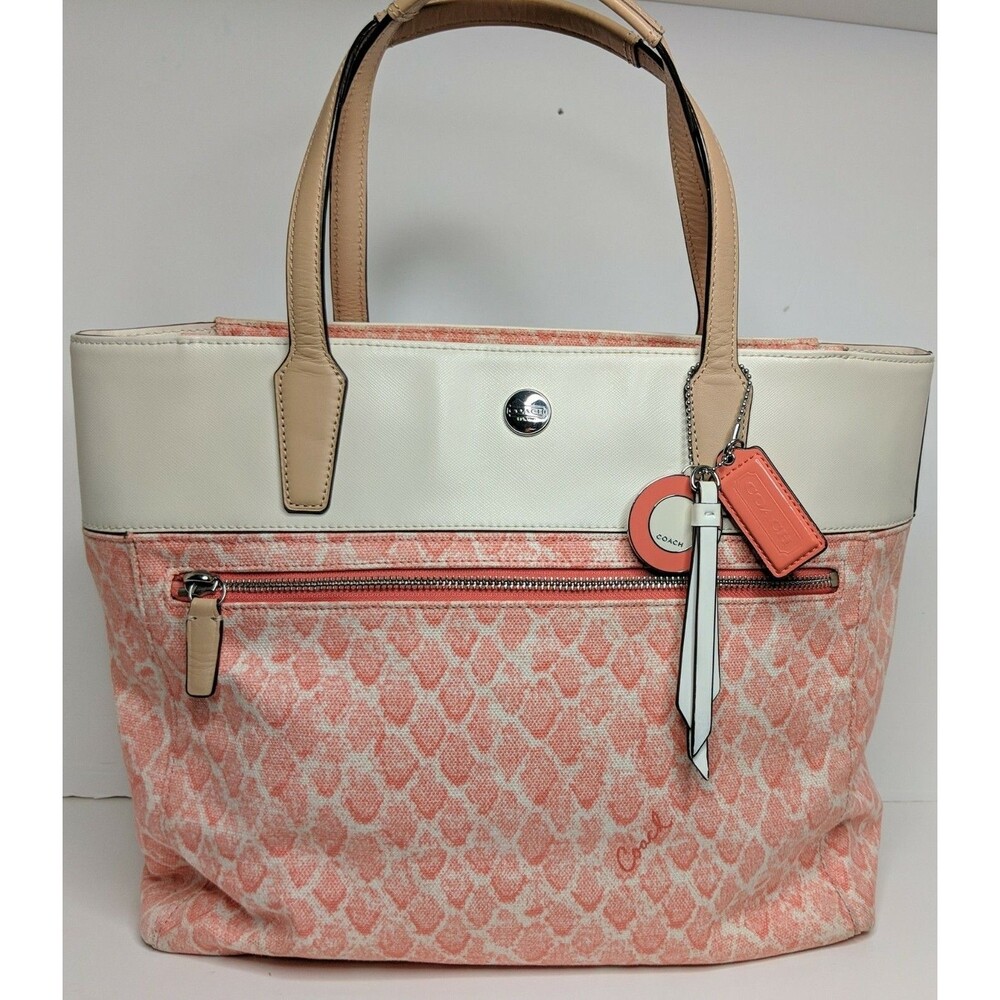 COACH Peach Coral Snake Print Leather Tote Bag Python Embossed Shoulder Handbag